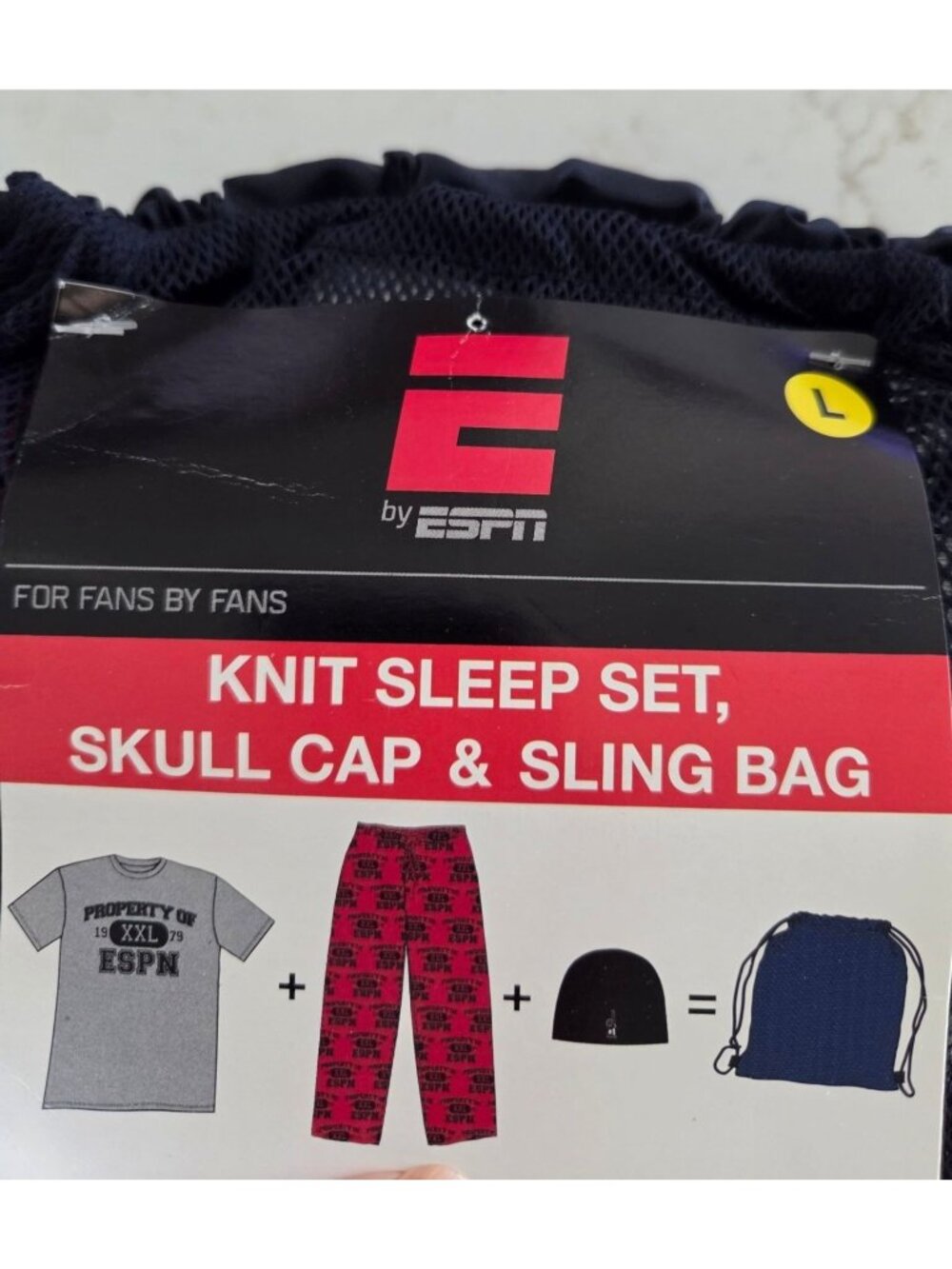 ESPN Knit Sleep Set Sz L Tee & Pajama Pants, Skull Cap, Sling Bag Red Gray NWT